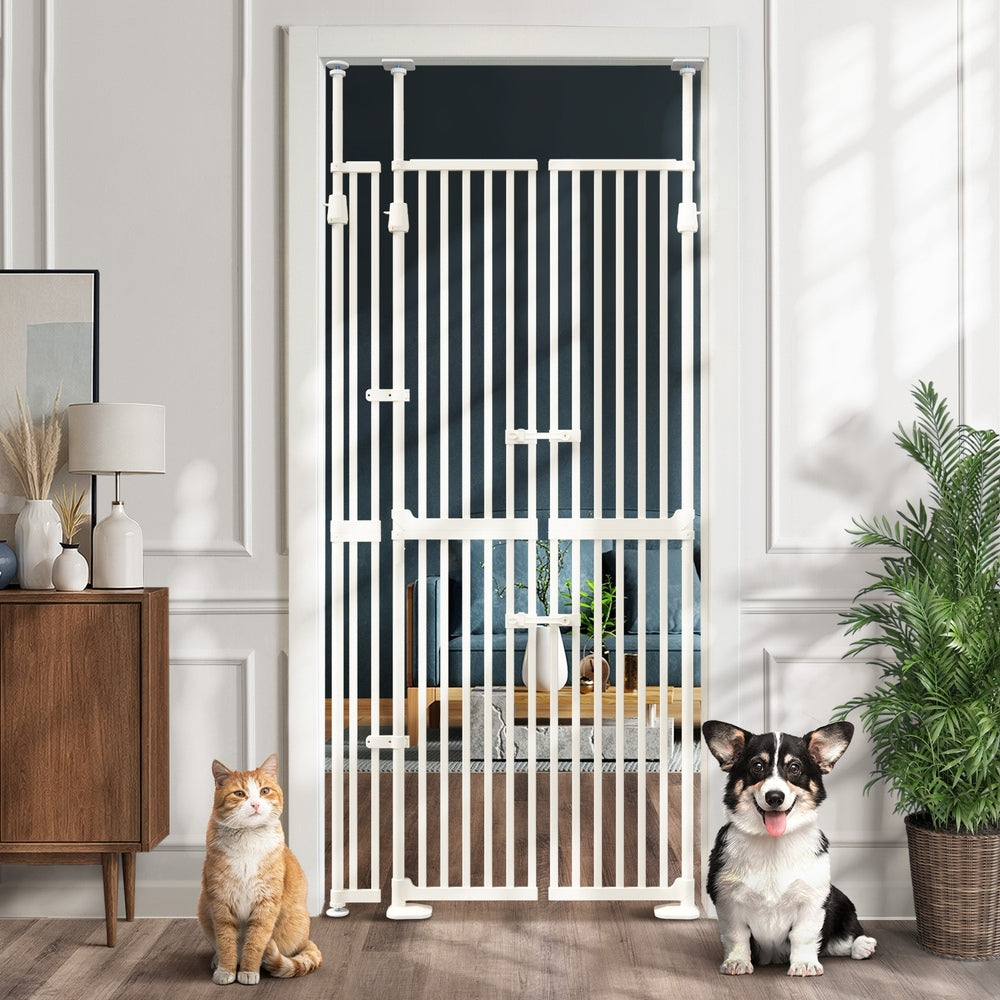 Full‑Height Metal Pet Gate – Auto‑Close, Adjustable 190–264cm, White