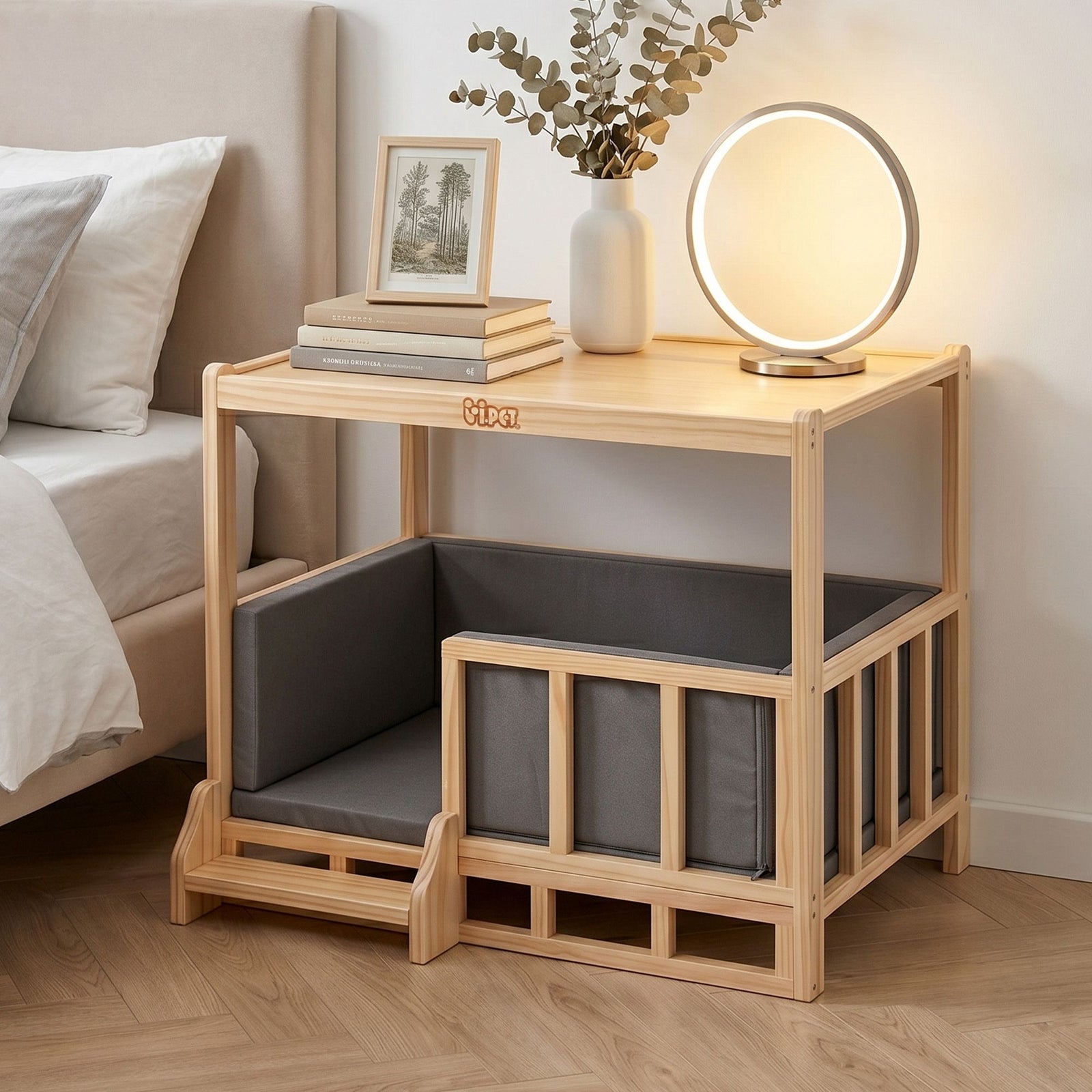 2-in-1 Dog Kennel Furniture Wooden Indoor Pet Crate with Cushion Grey