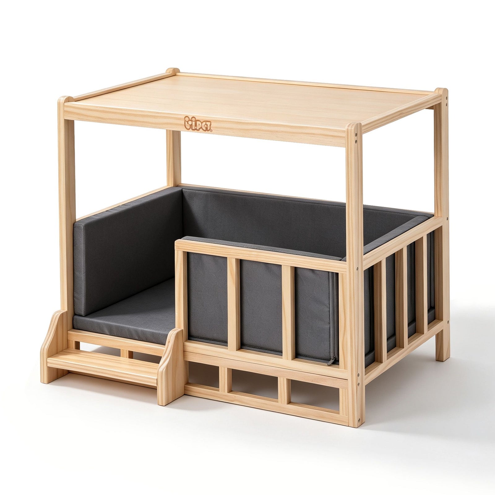 2-in-1 Dog Kennel Furniture Wooden Indoor Pet Crate with Cushion Grey