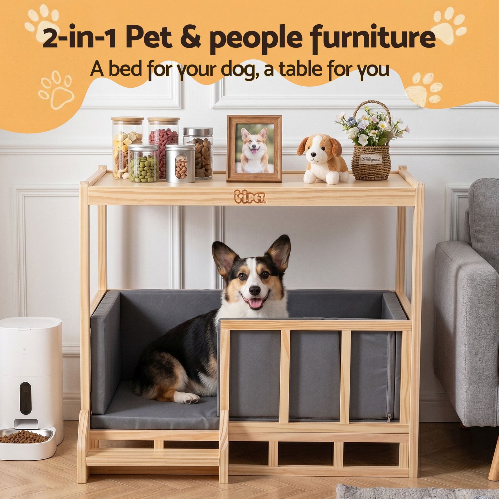 2-in-1 Dog Kennel Furniture Wooden Indoor Pet Crate with Cushion Grey