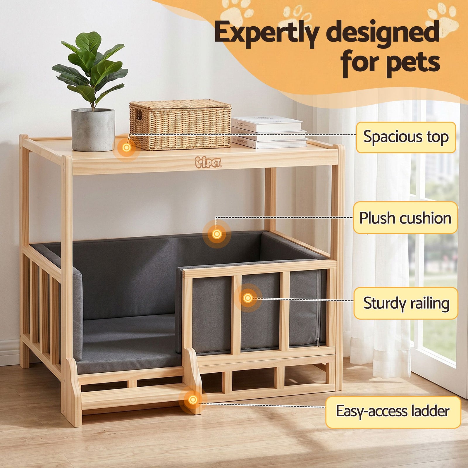 2-in-1 Dog Kennel Furniture Wooden Indoor Pet Crate with Cushion Grey