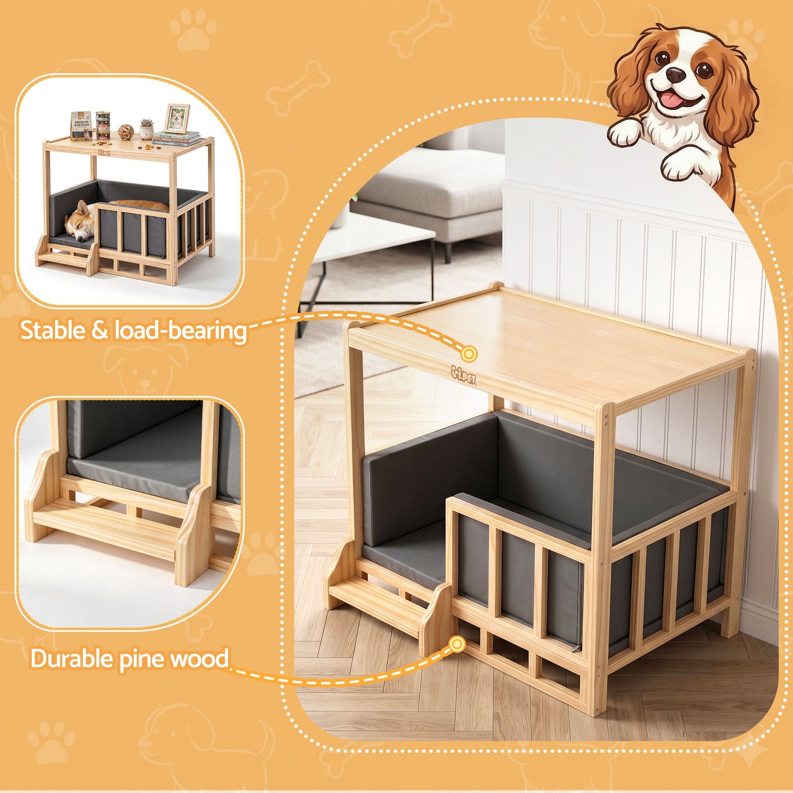 2-in-1 Dog Kennel Furniture Wooden Indoor Pet Crate with Cushion Grey