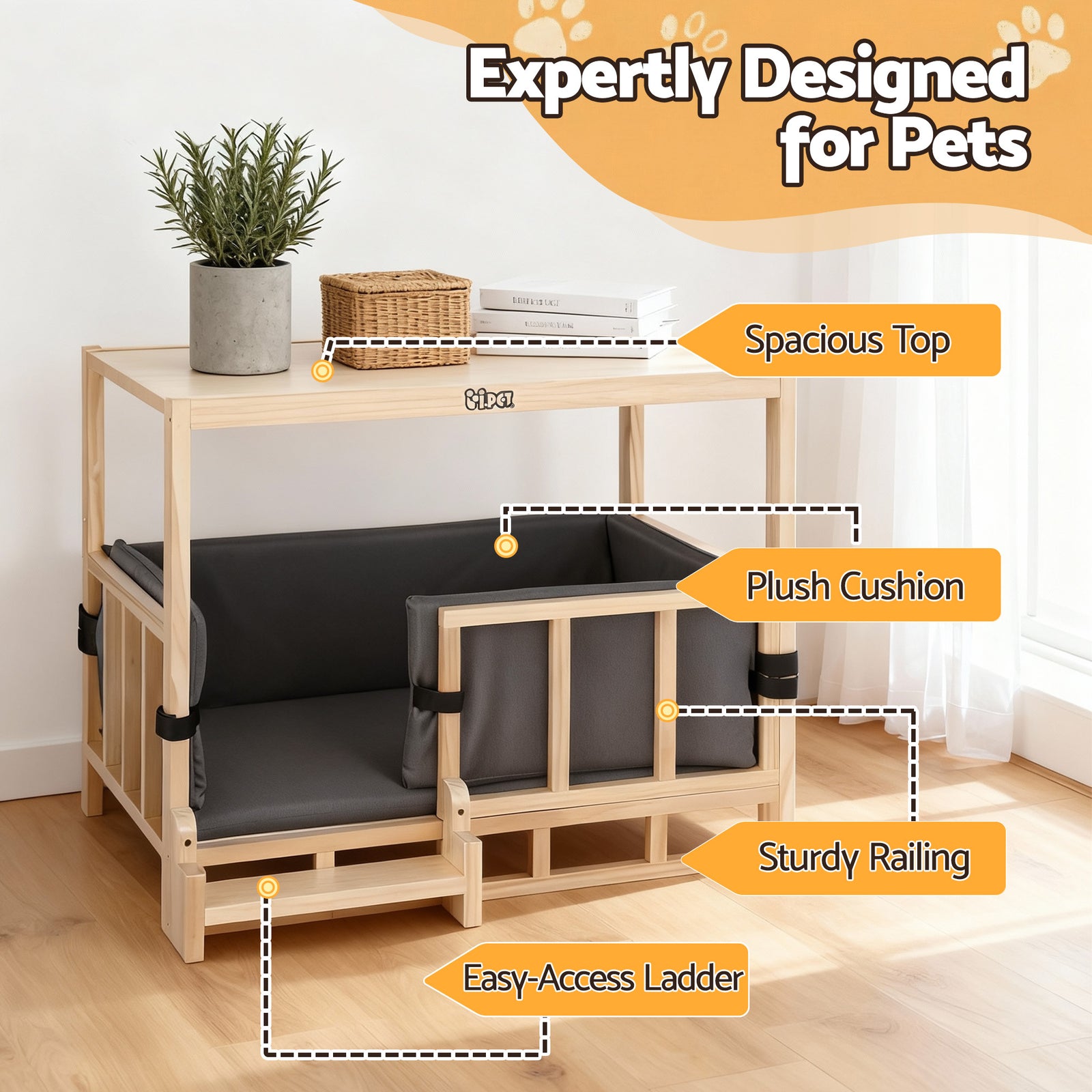 2in1 Dog Kennel Crate Furniture Grey Bedding Wooden House Indoor