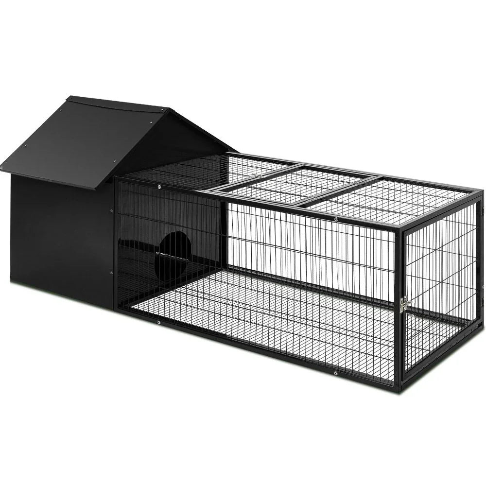 Large Metal Rabbit Hutch with Run – Outdoor Pet Cage 162×60×71cm Black