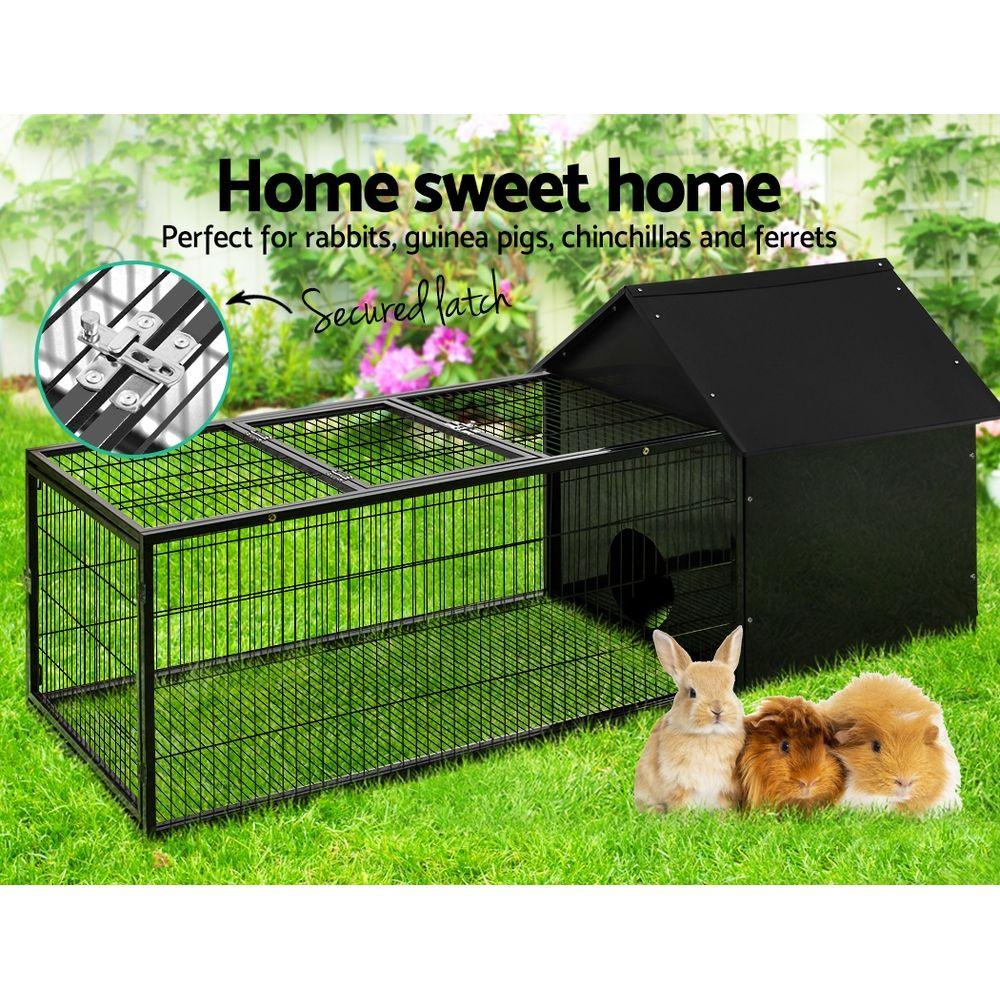 Large Metal Rabbit Hutch with Run – Outdoor Pet Cage 162×60×71cm Black