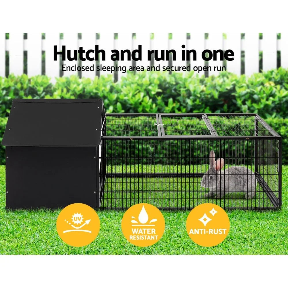 Large Metal Rabbit Hutch with Run – Outdoor Pet Cage 162×60×71cm Black