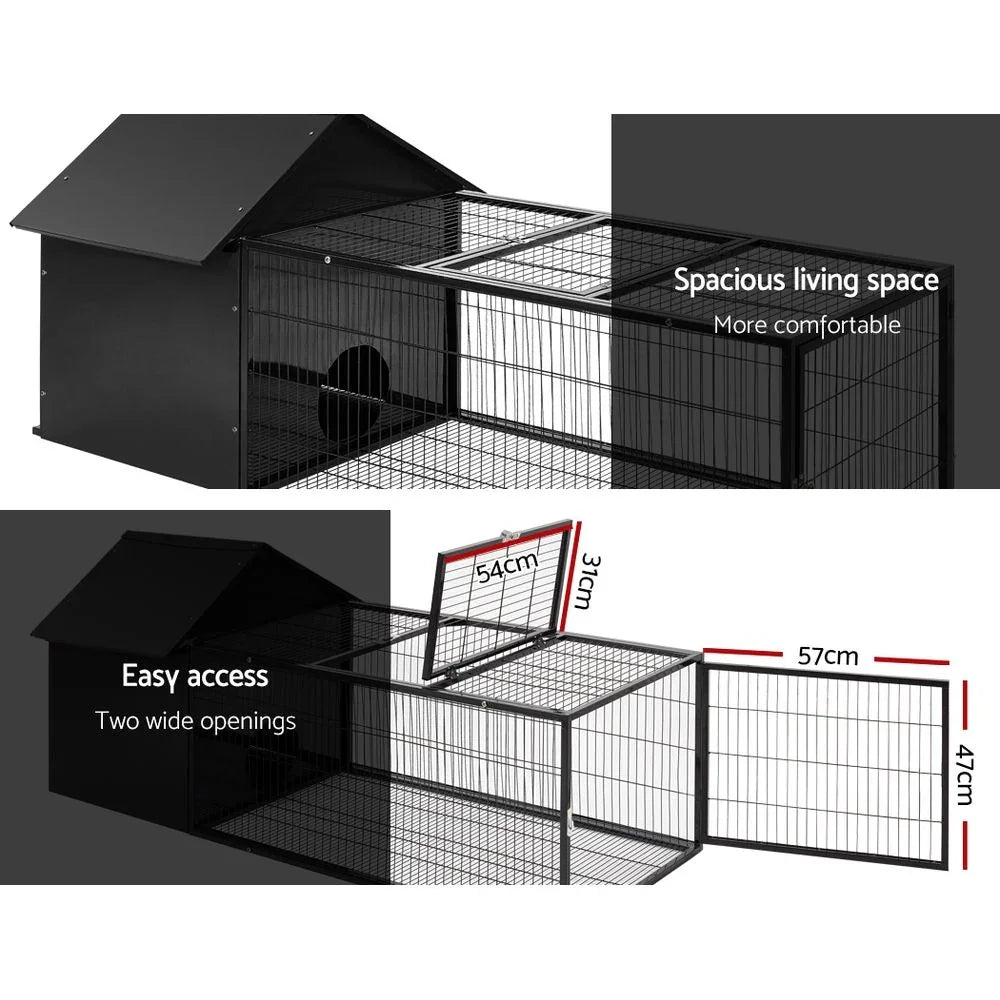 Large Metal Rabbit Hutch with Run – Outdoor Pet Cage 162×60×71cm Black