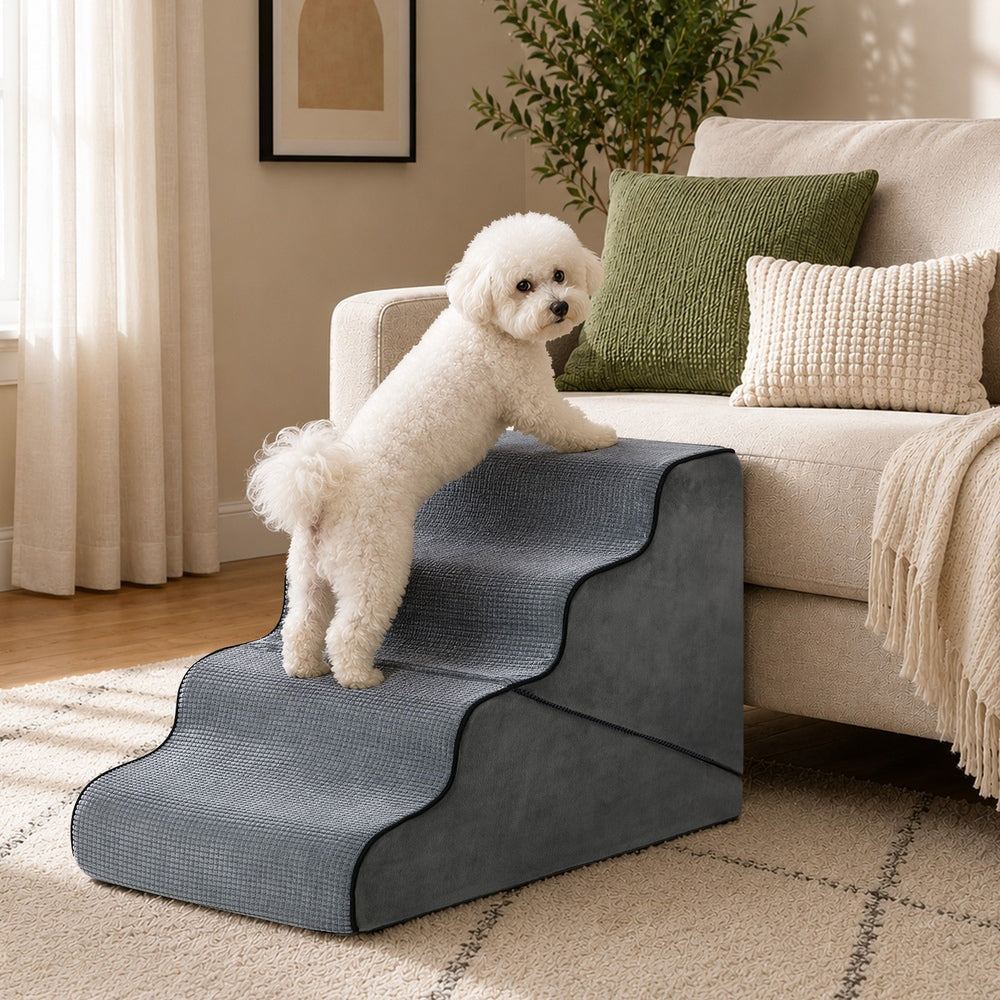 Alopet 4‑Step Foam Pet Ramp – Grey, 2‑in‑1 Stairs, Washable Cover