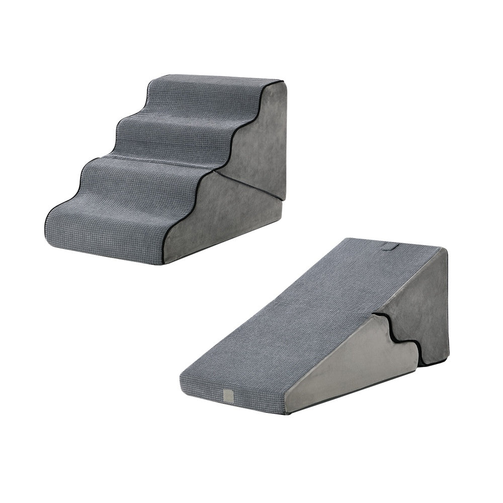 Alopet 4‑Step Foam Pet Ramp – Grey, 2‑in‑1 Stairs, Washable Cover