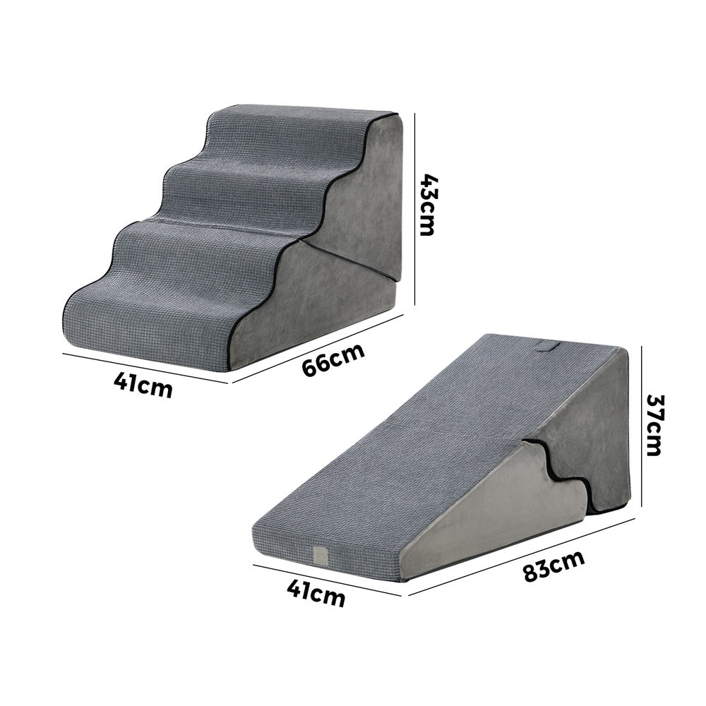 Alopet 4‑Step Foam Pet Ramp – Grey, 2‑in‑1 Stairs, Washable Cover