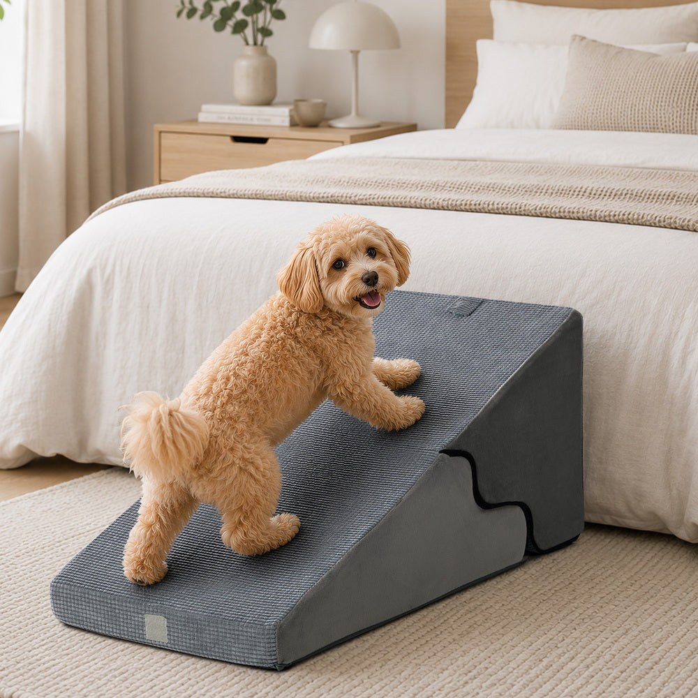 Alopet 4‑Step Foam Pet Ramp – Grey, 2‑in‑1 Stairs, Washable Cover