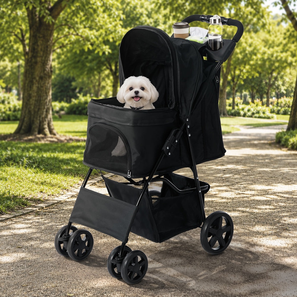 Alopet Foldable Pet Stroller, Small Dog & Cat Pram with Cup Holder, 15kg, Black