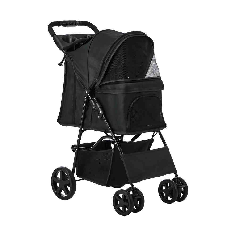 Alopet Foldable Pet Stroller, Small Dog & Cat Pram with Cup Holder, 15kg, Black