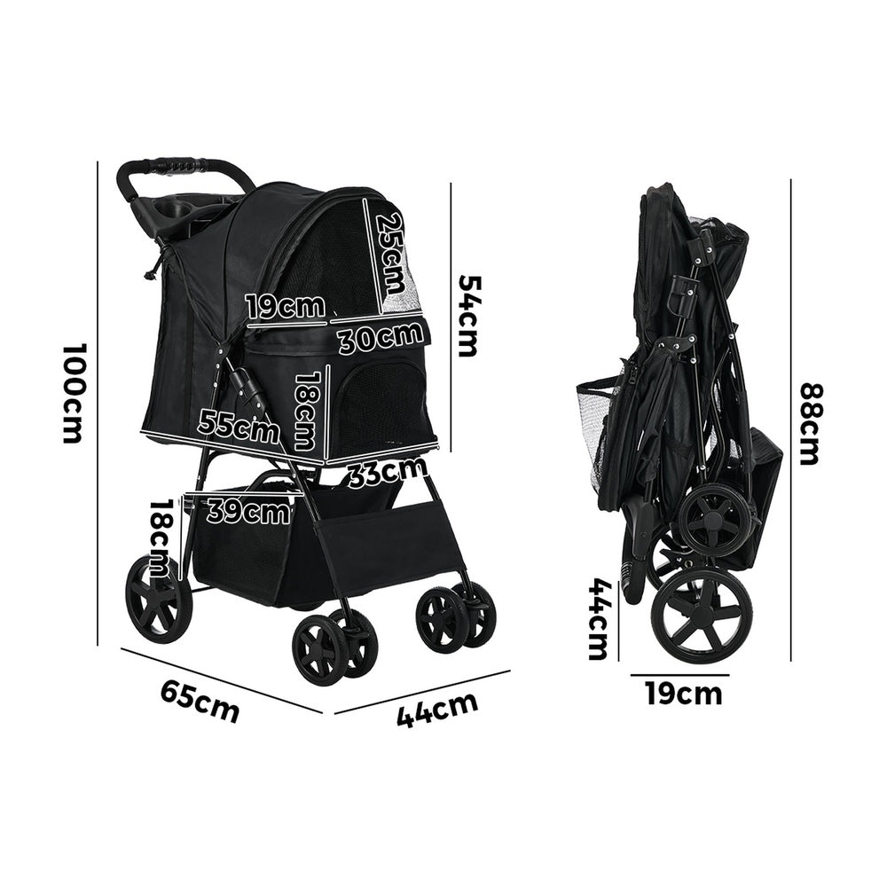 Alopet Foldable Pet Stroller, Small Dog & Cat Pram with Cup Holder, 15kg, Black