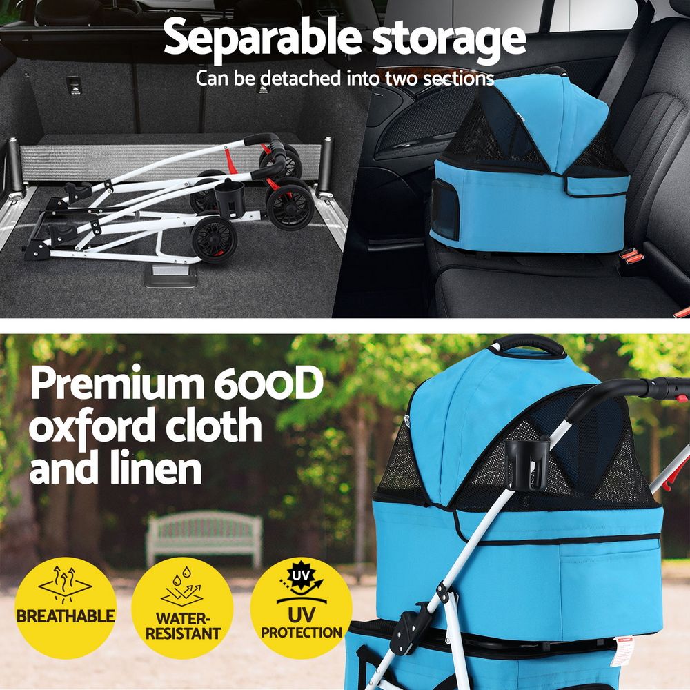 Pet Stroller Dog Pram Large Cat Carrier Travel Pushchair Foldable 4 Wheels