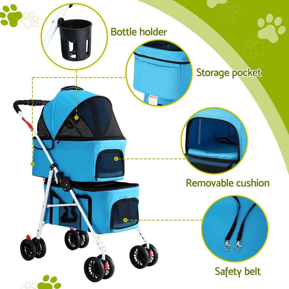 Pet Stroller Dog Pram Large Cat Carrier Travel Pushchair Foldable 4 Wheels