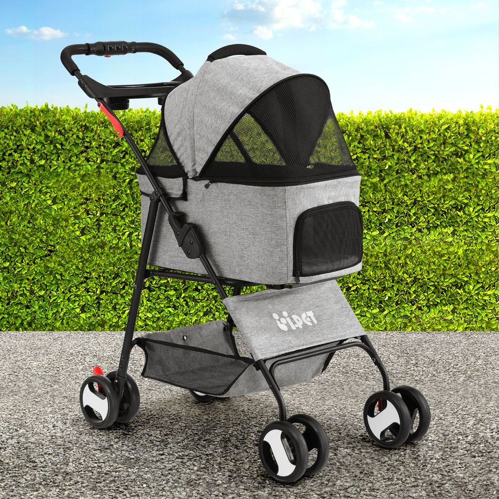 3-in-1 Pet Stroller Dog Cat Pram Carrier Car Seat Foldable Grey 25kg