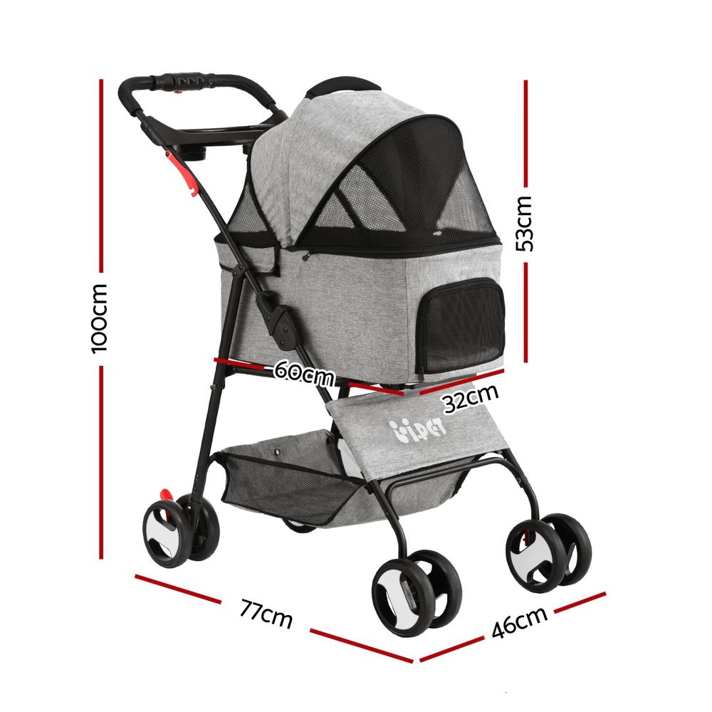 3-in-1 Pet Stroller Dog Cat Pram Carrier Car Seat Foldable Grey 25kg