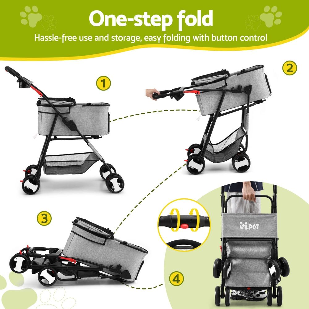 3-in-1 Pet Stroller Dog Cat Pram Carrier Car Seat Foldable Grey 25kg