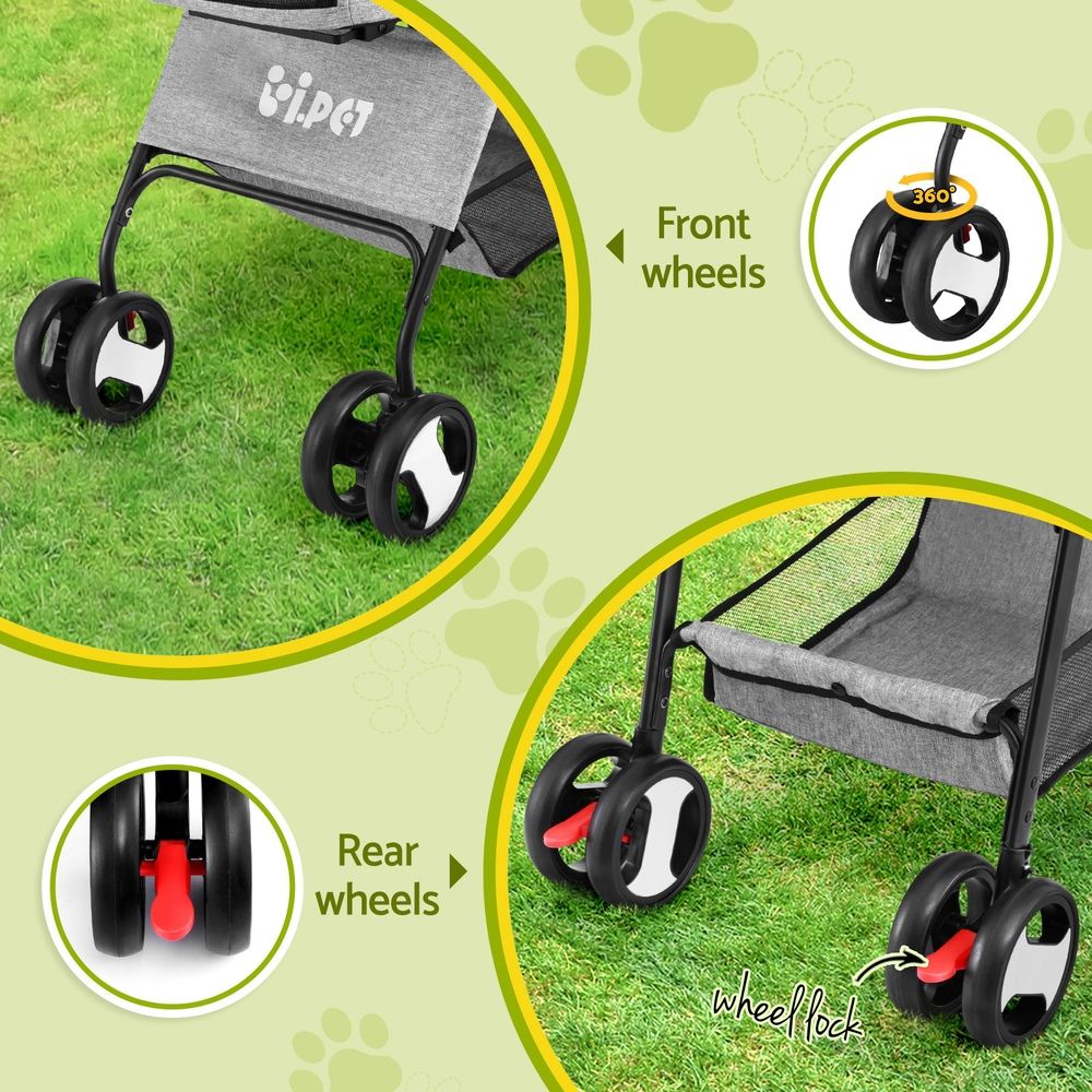3-in-1 Pet Stroller Dog Cat Pram Carrier Car Seat Foldable Grey 25kg