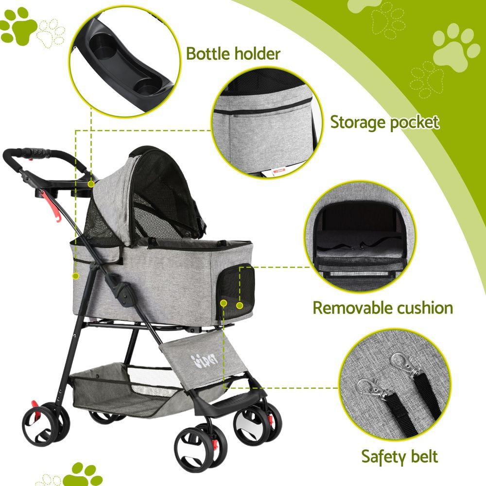 3-in-1 Pet Stroller Dog Cat Pram Carrier Car Seat Foldable Grey 25kg