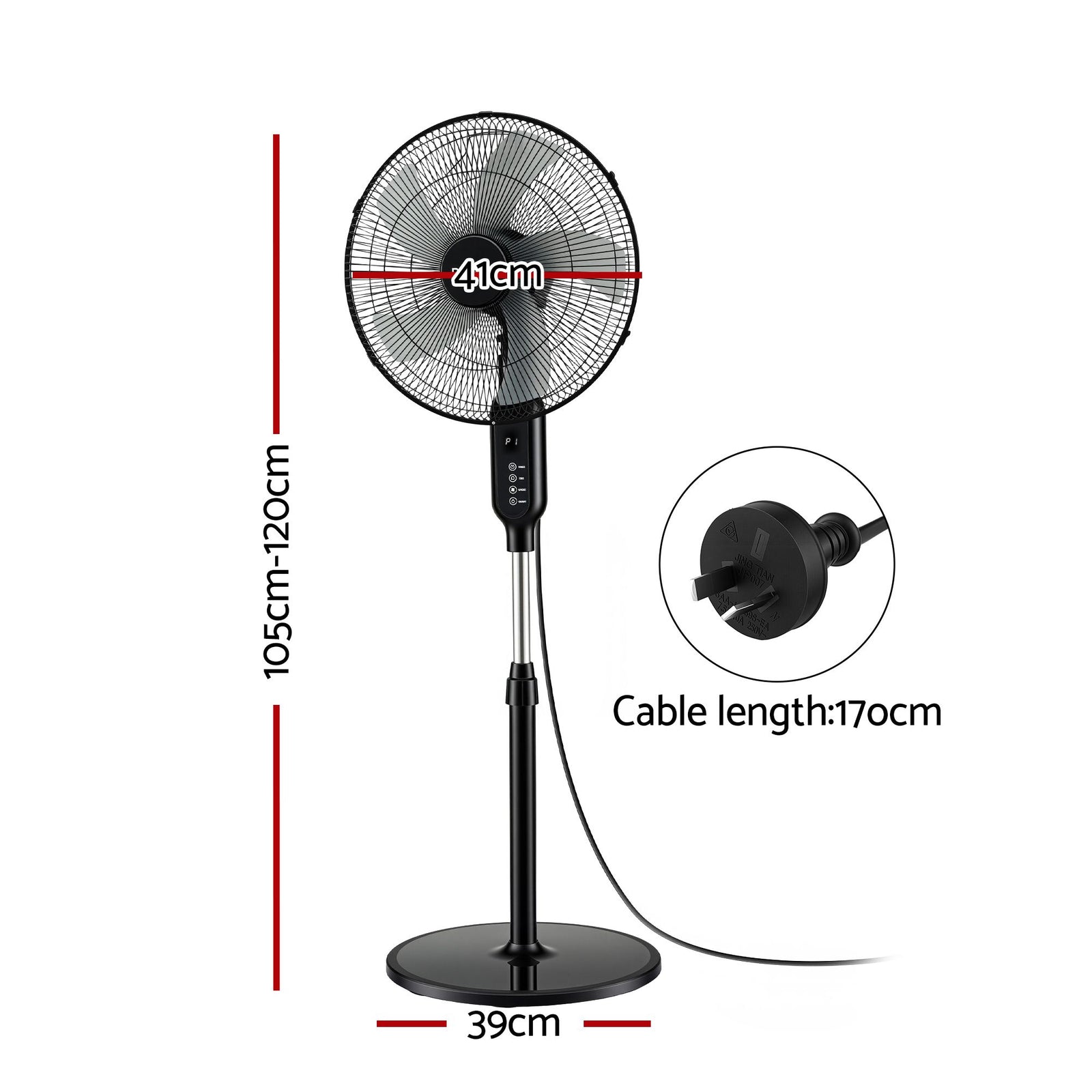 16-Inch Pedestal Fan with Remote Control, 3 Speeds, 8H Timer, Black