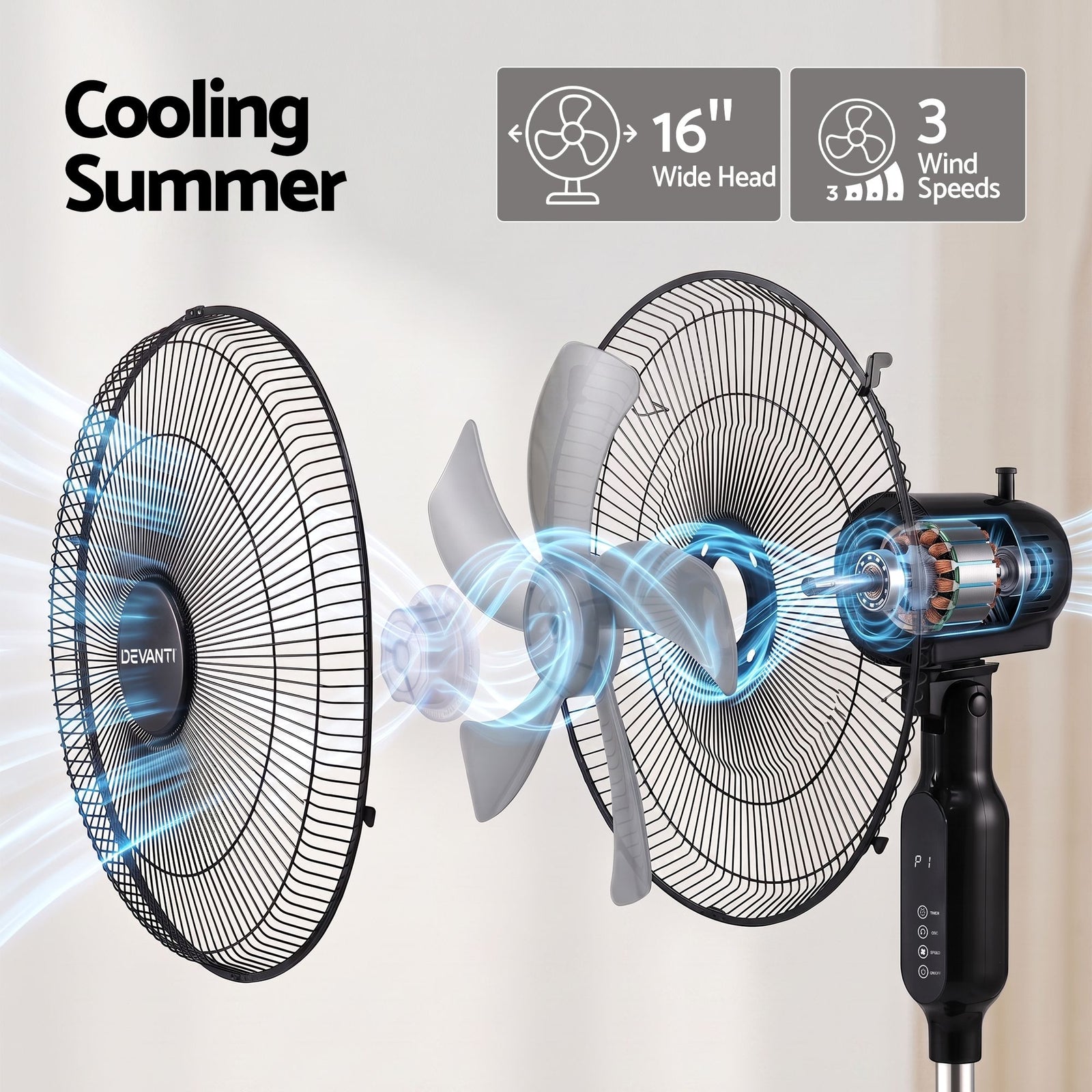 16-Inch Pedestal Fan with Remote Control, 3 Speeds, 8H Timer, Black