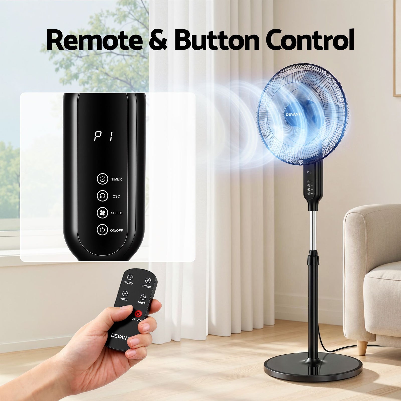 16-Inch Pedestal Fan with Remote Control, 3 Speeds, 8H Timer, Black