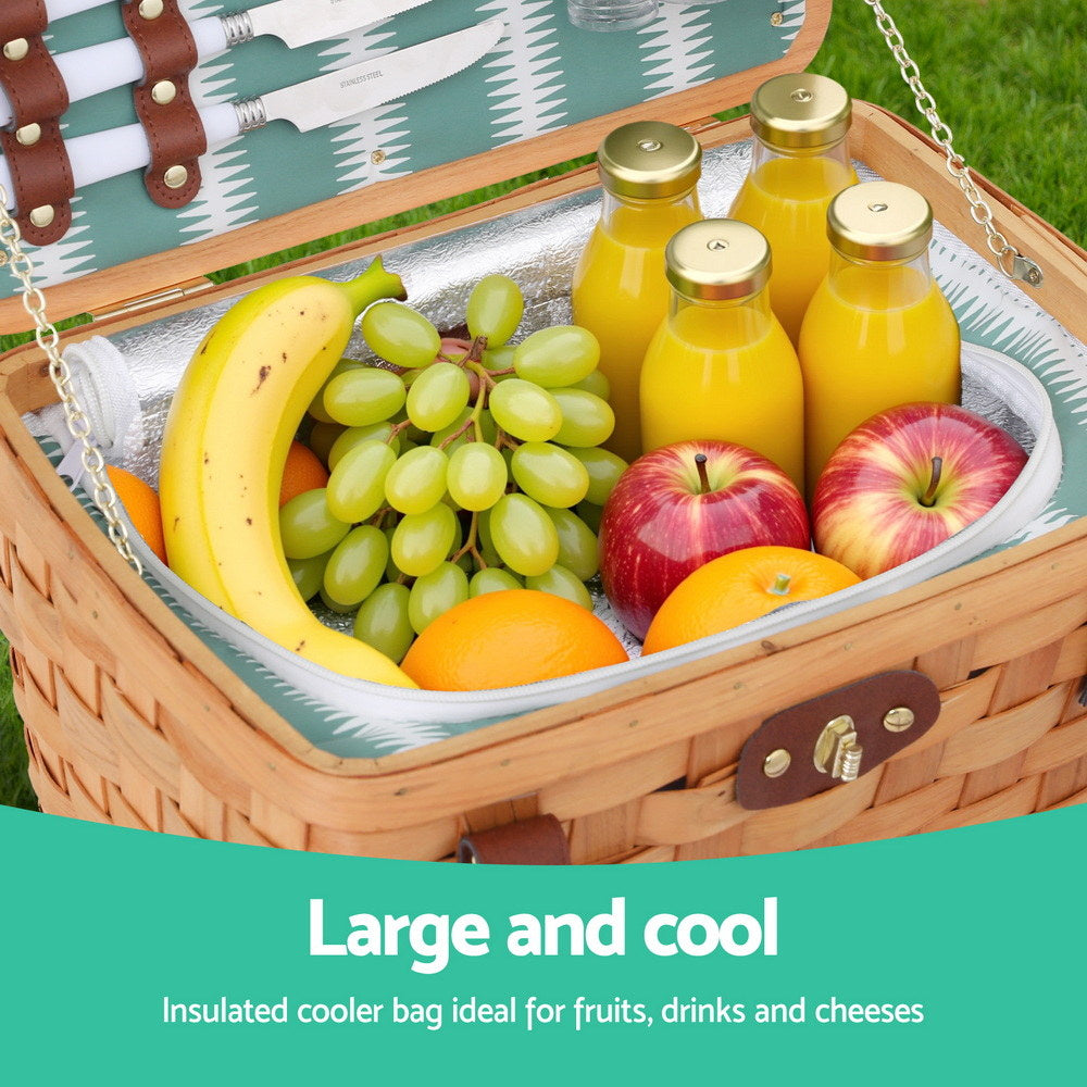 Alfresco 2 Person Picnic Basket Set Willow Insulated Cooler Cutlery Wine Glasses