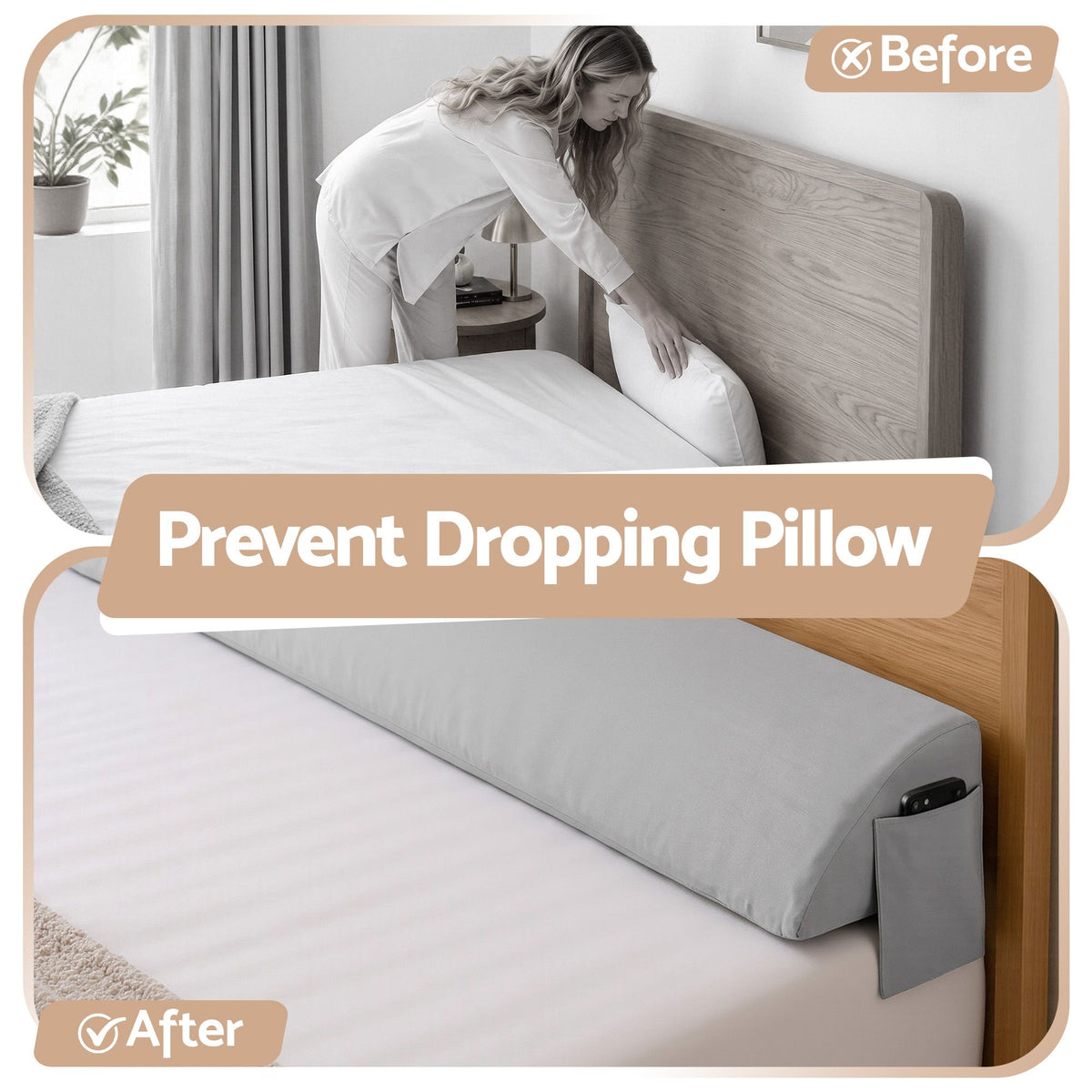Double Bed Wedge Pillow For Headboard, Close Gap And Stop Pillows Sliding, Perfect For Dorm Or Tatami Reading, 25D Foam Mattress Gap Filler With 2 Side Pockets, Washable 110gsm Cover