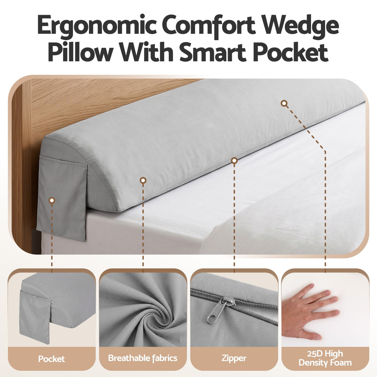Double Bed Wedge Pillow For Headboard, Close Gap And Stop Pillows Sliding, Perfect For Dorm Or Tatami Reading, 25D Foam Mattress Gap Filler With 2 Side Pockets, Washable 110gsm Cover
