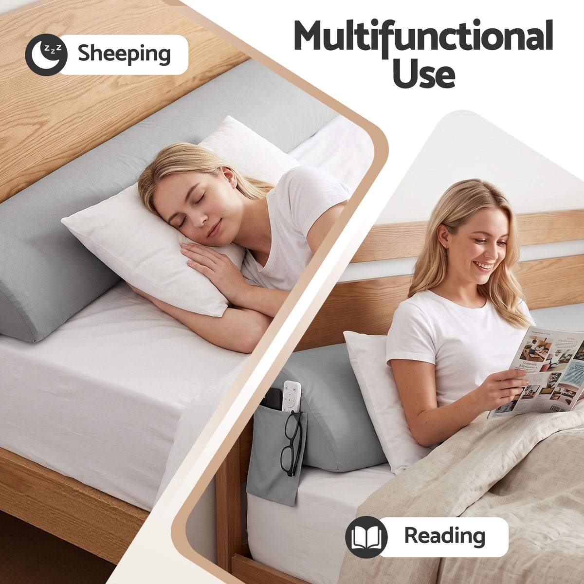 Double Bed Wedge Pillow For Headboard, Close Gap And Stop Pillows Sliding, Perfect For Dorm Or Tatami Reading, 25D Foam Mattress Gap Filler With 2 Side Pockets, Washable 110gsm Cover