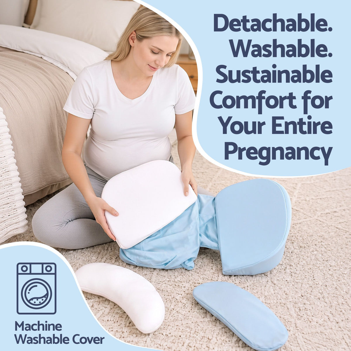 Memory Foam Pregnancy Pillow Adjustable with Concave Curve Design, Support for Back, Belly, and Hips, Blue