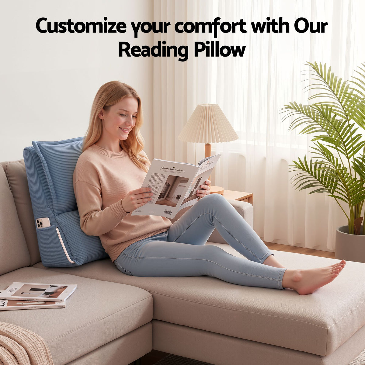 Giselle Reading Pillow for Bed, 25D Foam Wedge Backrest with Pockets, Corduroy