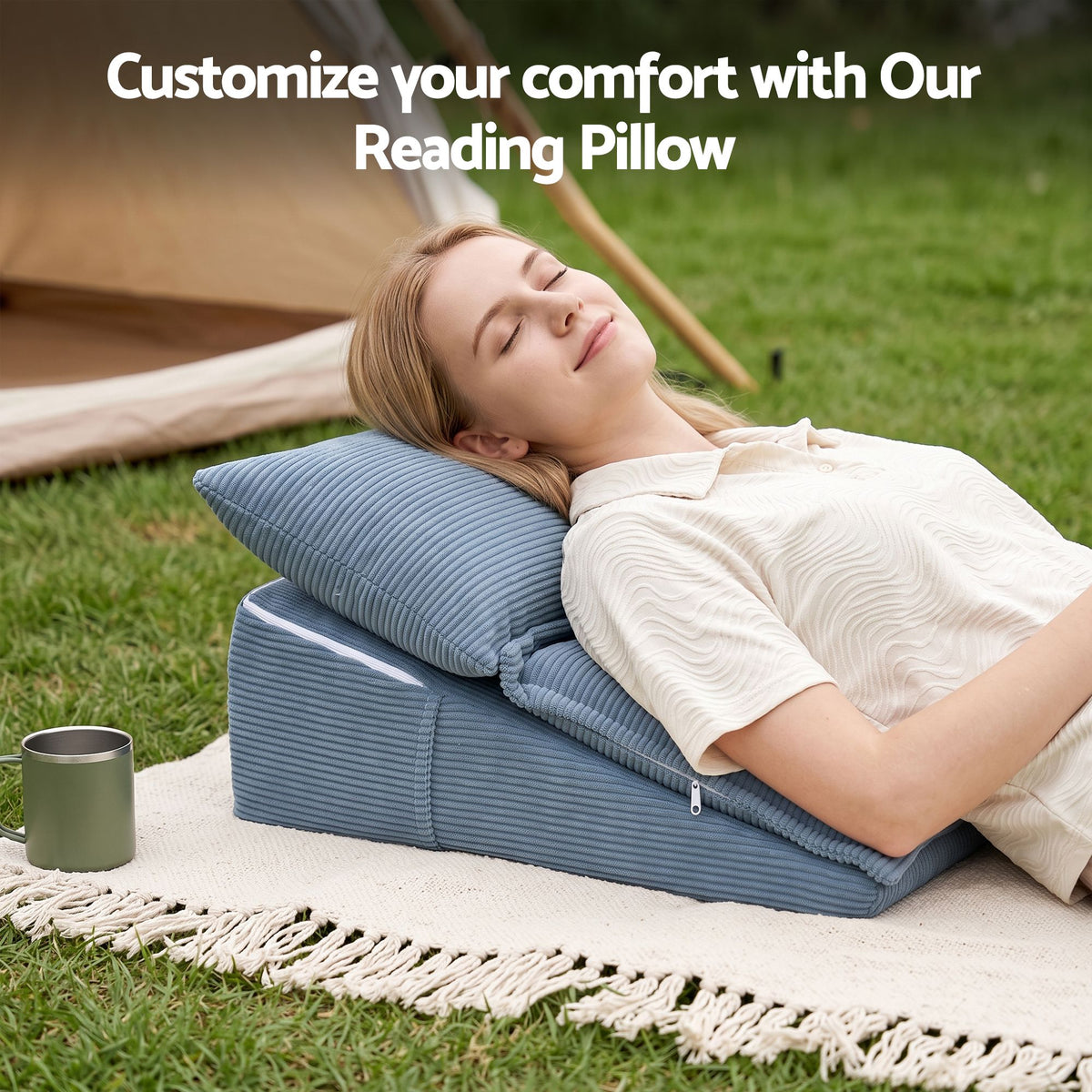Giselle Reading Pillow for Bed, 25D Foam Wedge Backrest with Pockets, Corduroy