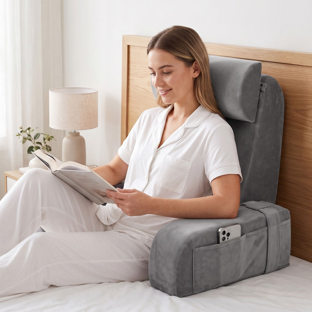 Giselle Memory Foam Reading Pillow with Arms, Neck Roll & Pockets, Velvet Cover