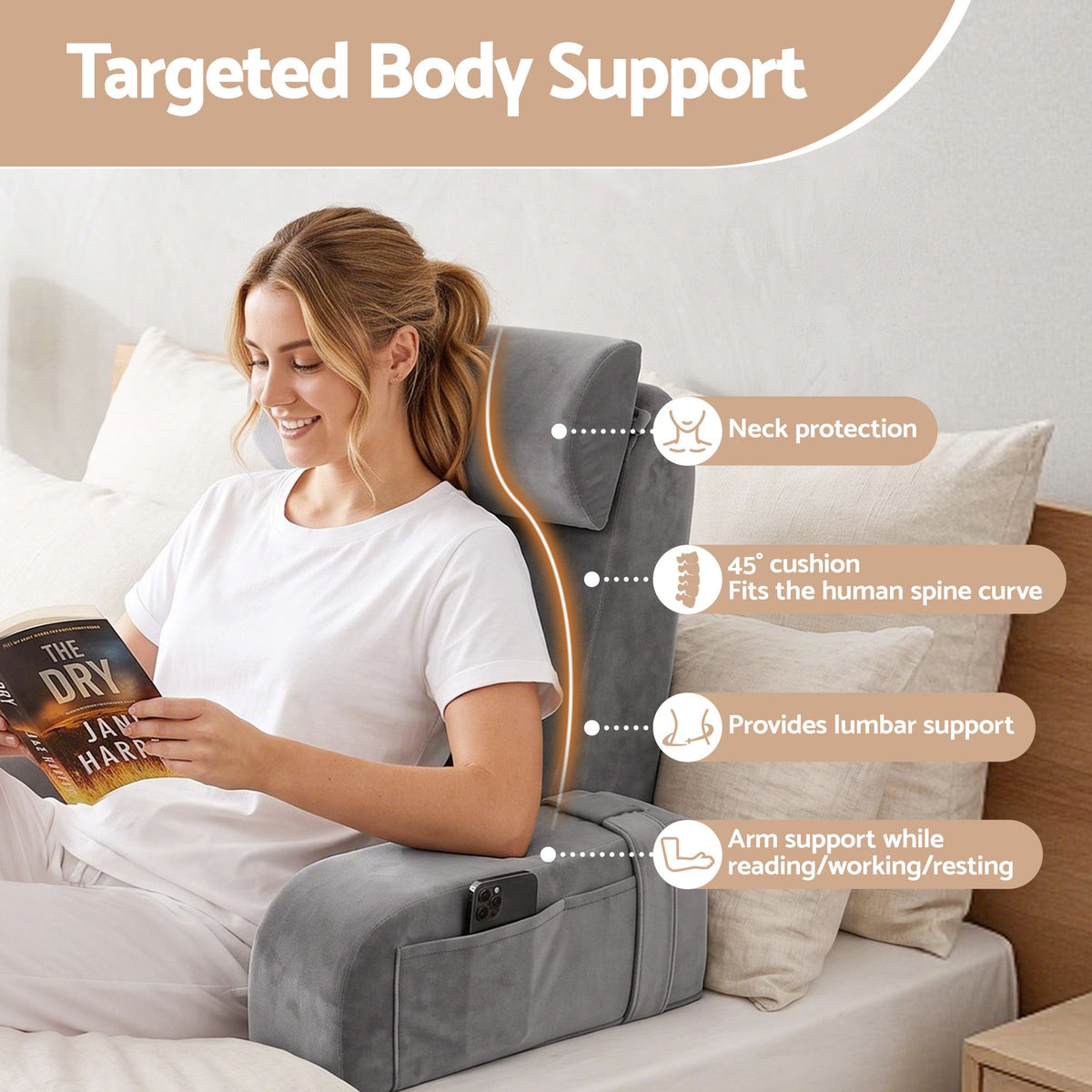 Giselle Memory Foam Reading Pillow with Arms, Neck Roll & Pockets, Velvet Cover