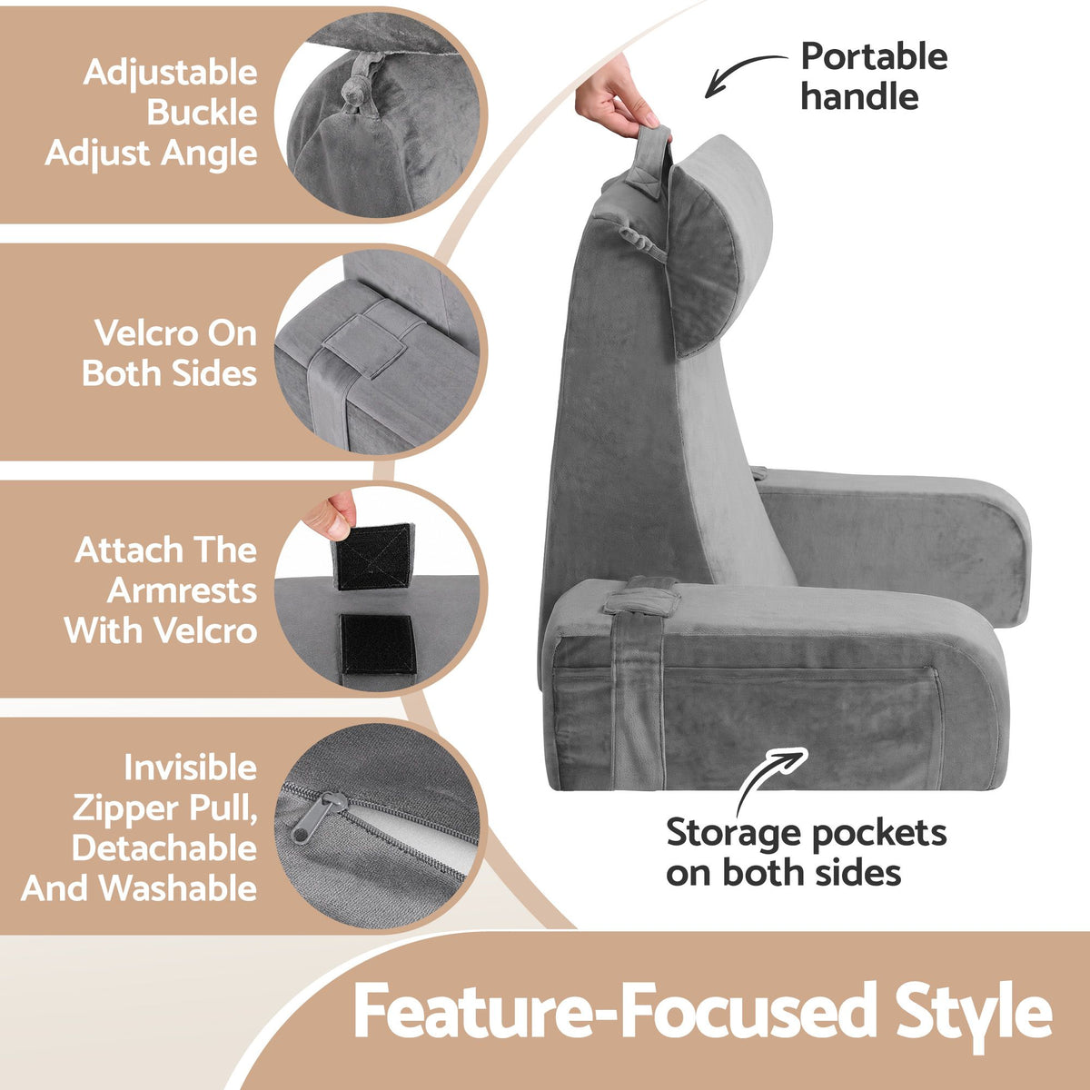 Giselle Memory Foam Reading Pillow with Arms, Neck Roll & Pockets, Velvet Cover