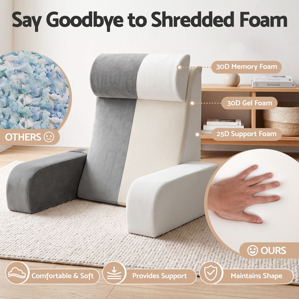 Giselle Memory Foam Reading Pillow with Arms, Neck Roll & Pockets, Velvet Cover