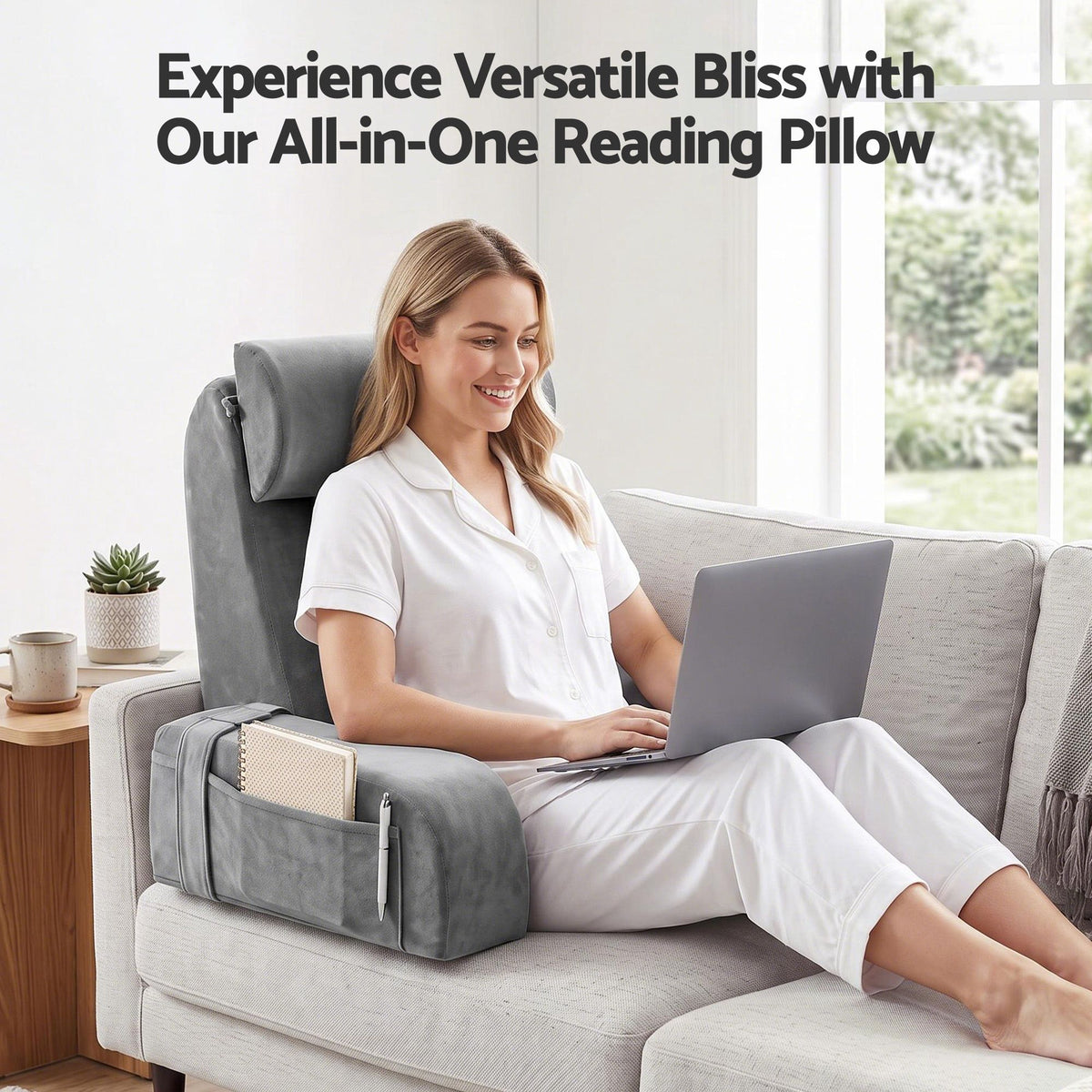 Giselle Memory Foam Reading Pillow with Arms, Neck Roll & Pockets, Velvet Cover