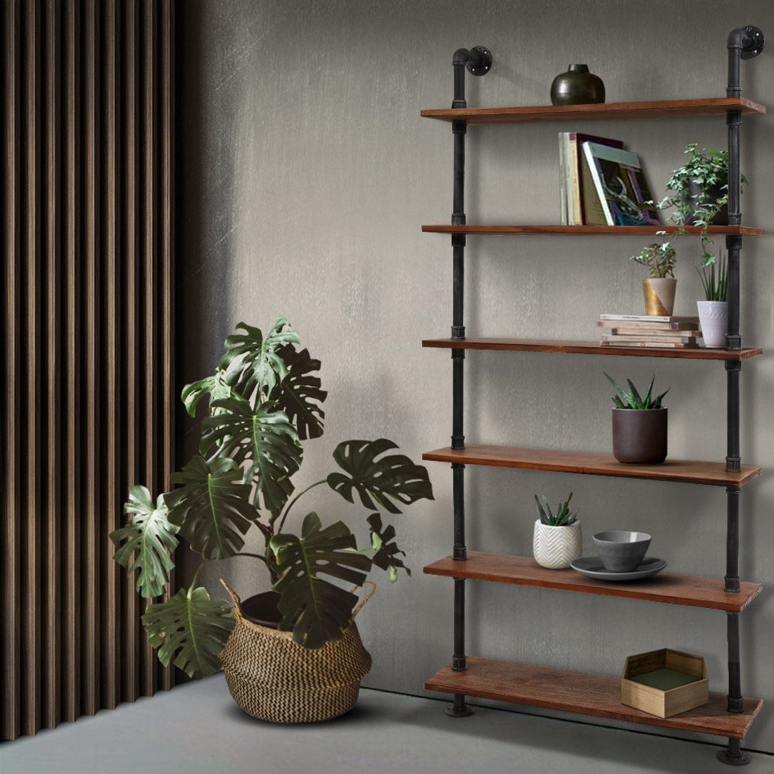 Artiss Industrial Floating Pipe Shelf 6 Tier DIY Wall Mount Rustic Wood