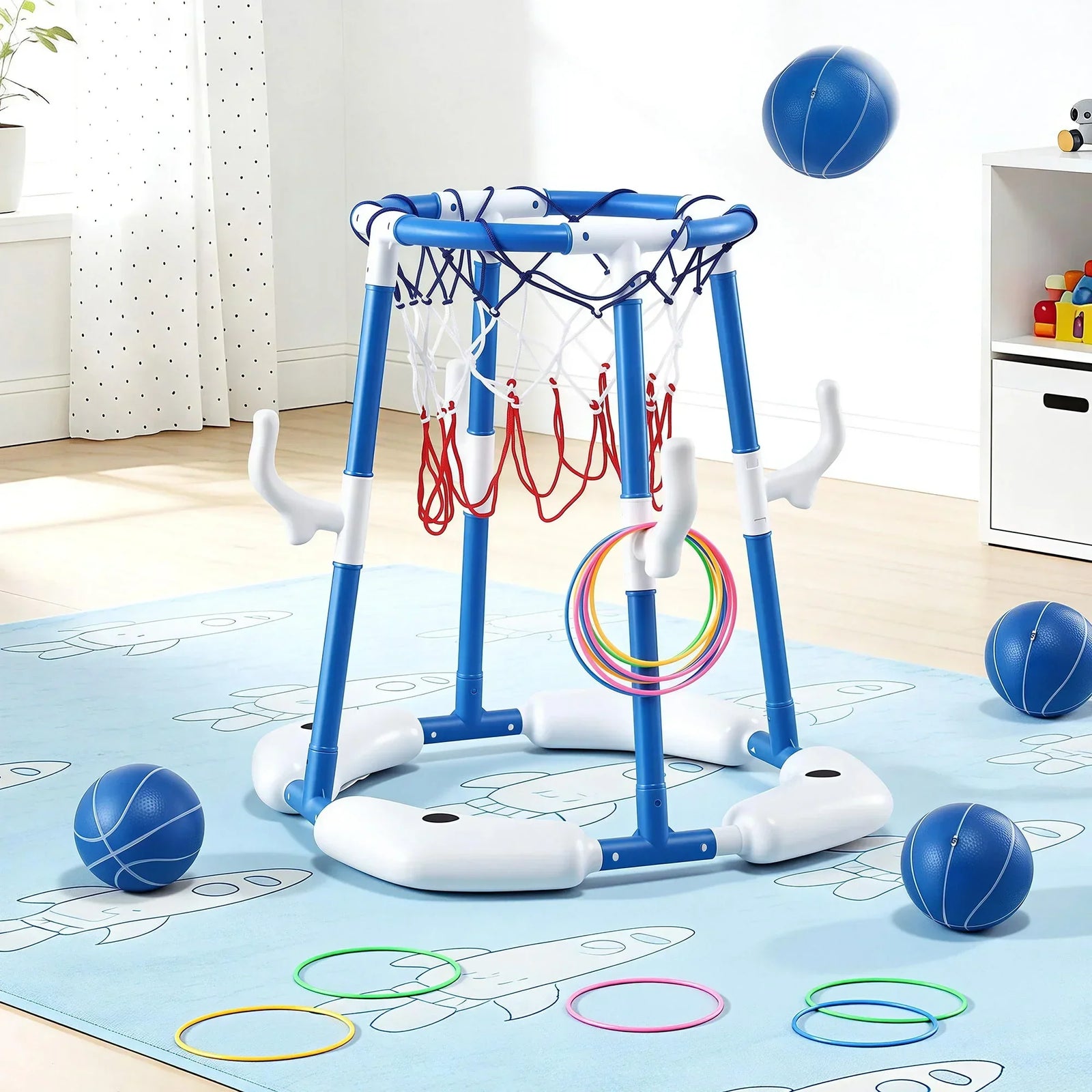 Kids Basketball Hoop with 4 balls Ring Toss Sports Pool Toys Blue