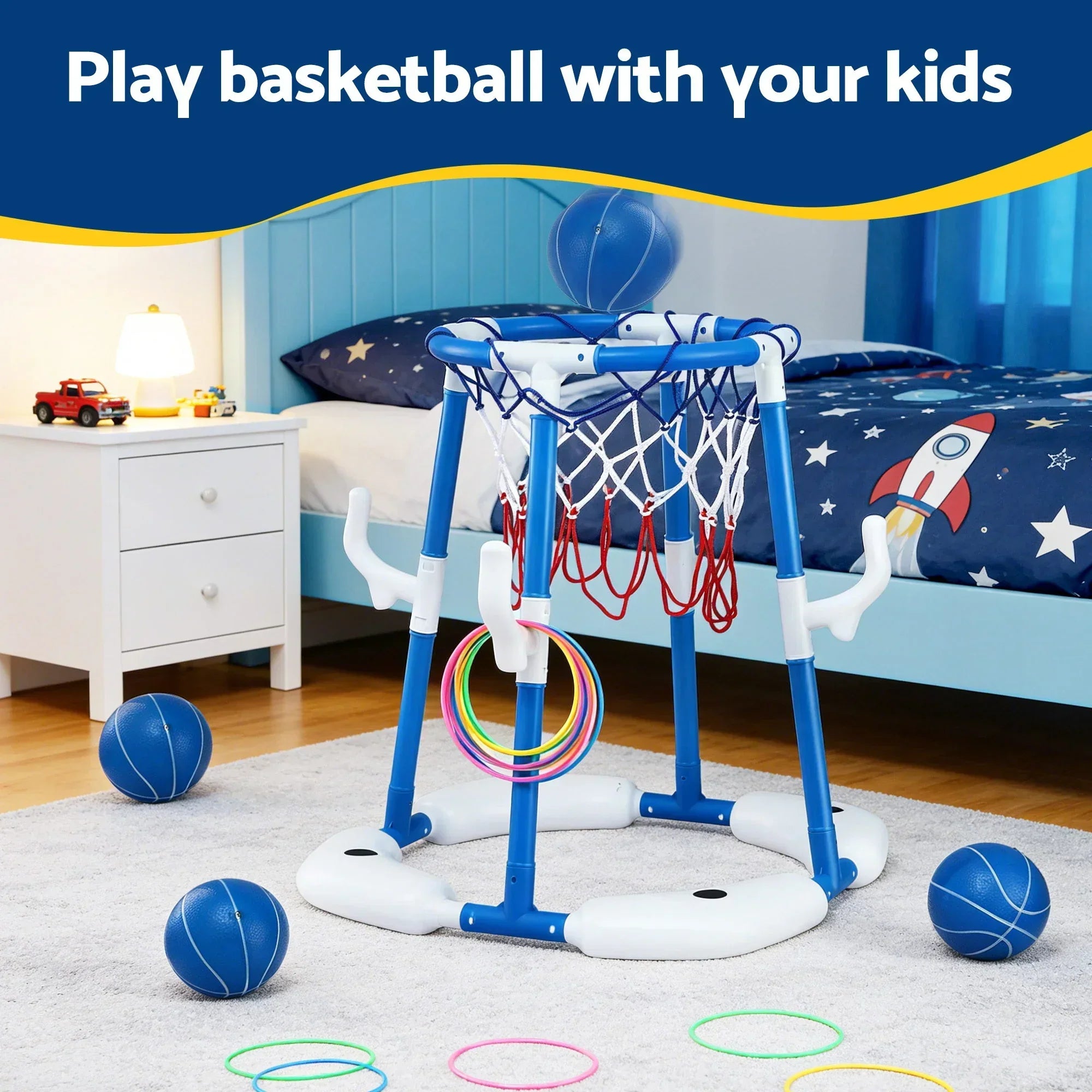 Kids Basketball Hoop with 4 balls Ring Toss Sports Pool Toys Blue