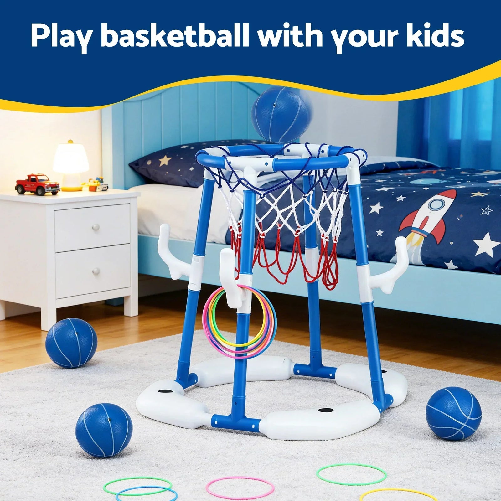 Kids Basketball Hoop with 4 balls Ring Toss Sports Pool Toys Blue