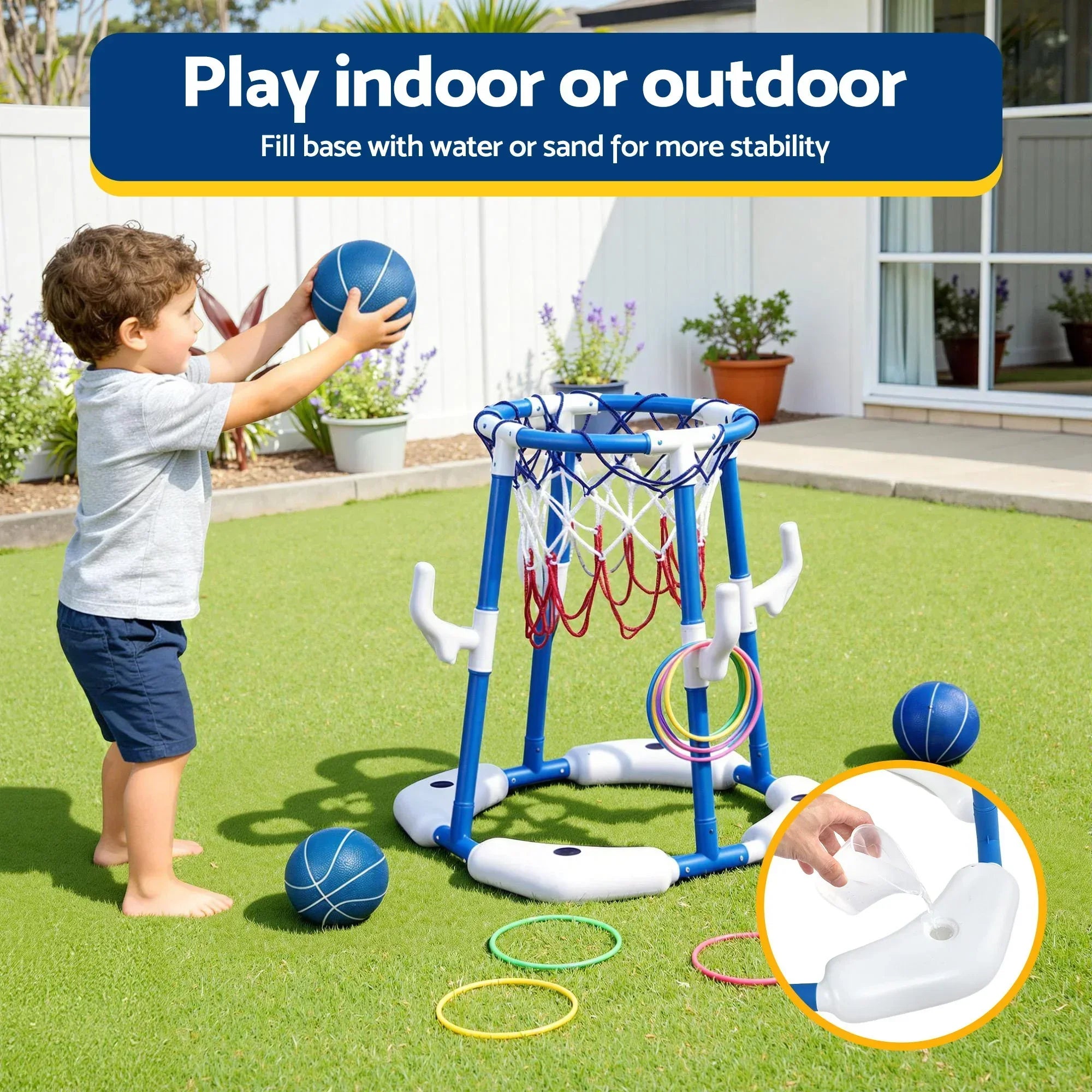 Kids Basketball Hoop with 4 balls Ring Toss Sports Pool Toys Blue