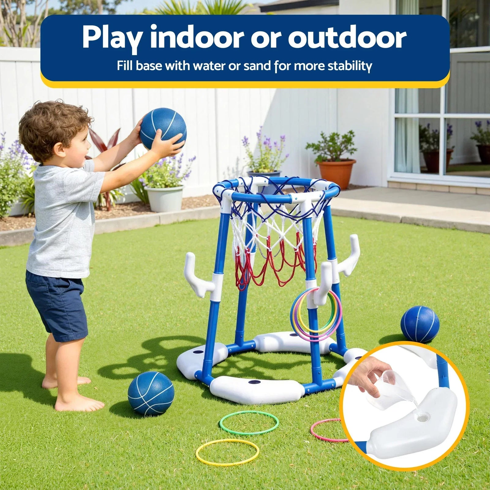 Kids Basketball Hoop with 4 balls Ring Toss Sports Pool Toys Blue