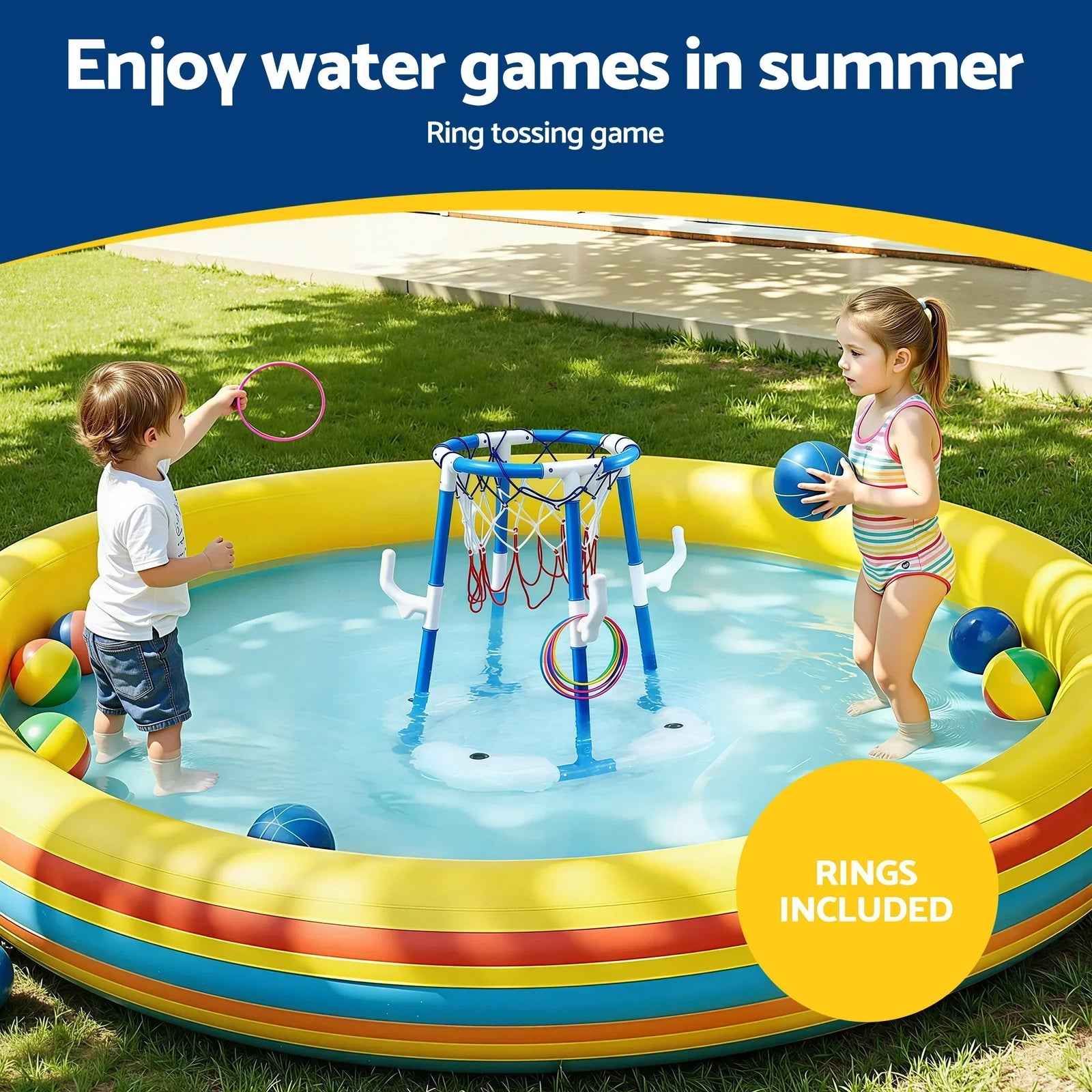 Kids Basketball Hoop with 4 balls Ring Toss Sports Pool Toys Blue