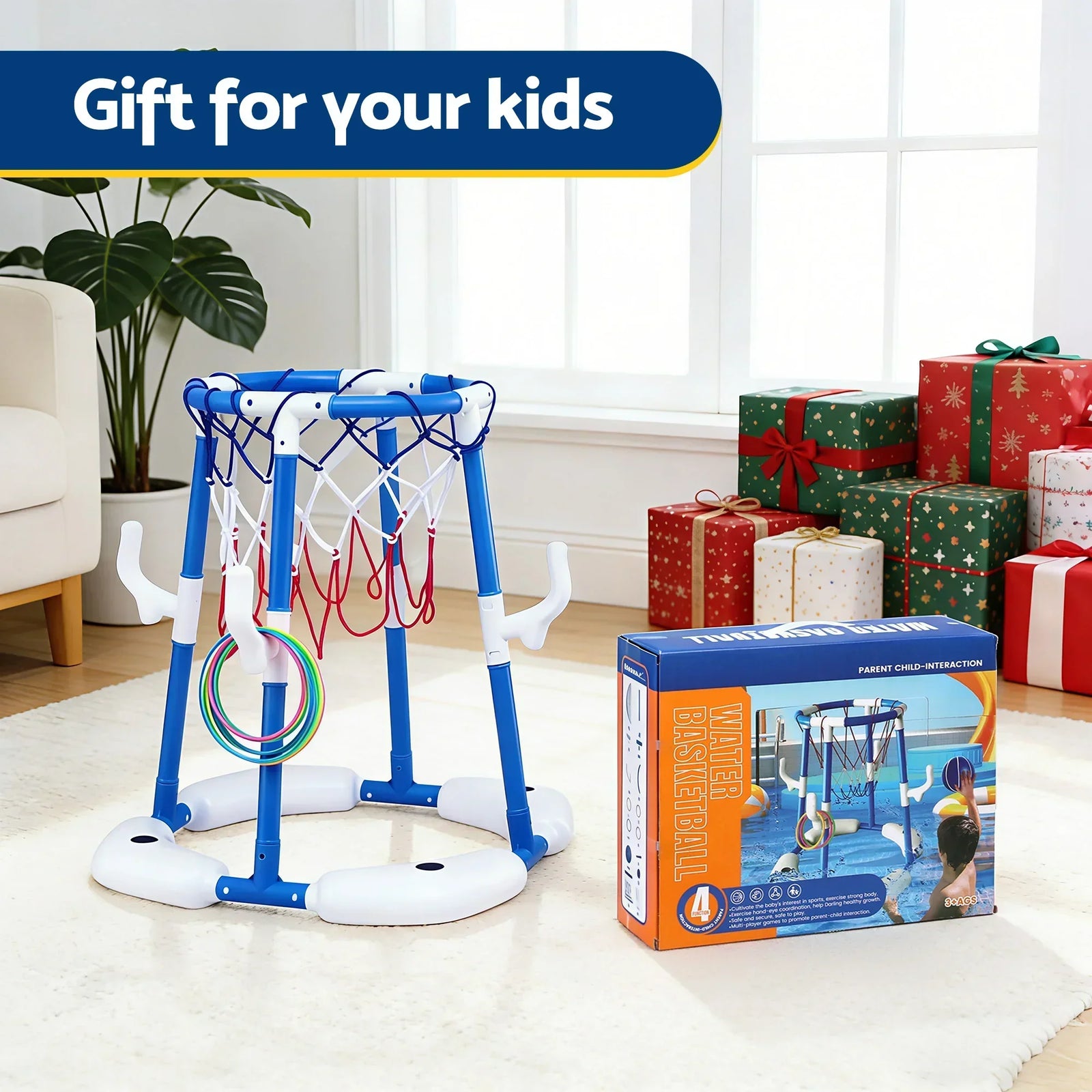 Kids Basketball Hoop with 4 balls Ring Toss Sports Pool Toys Blue