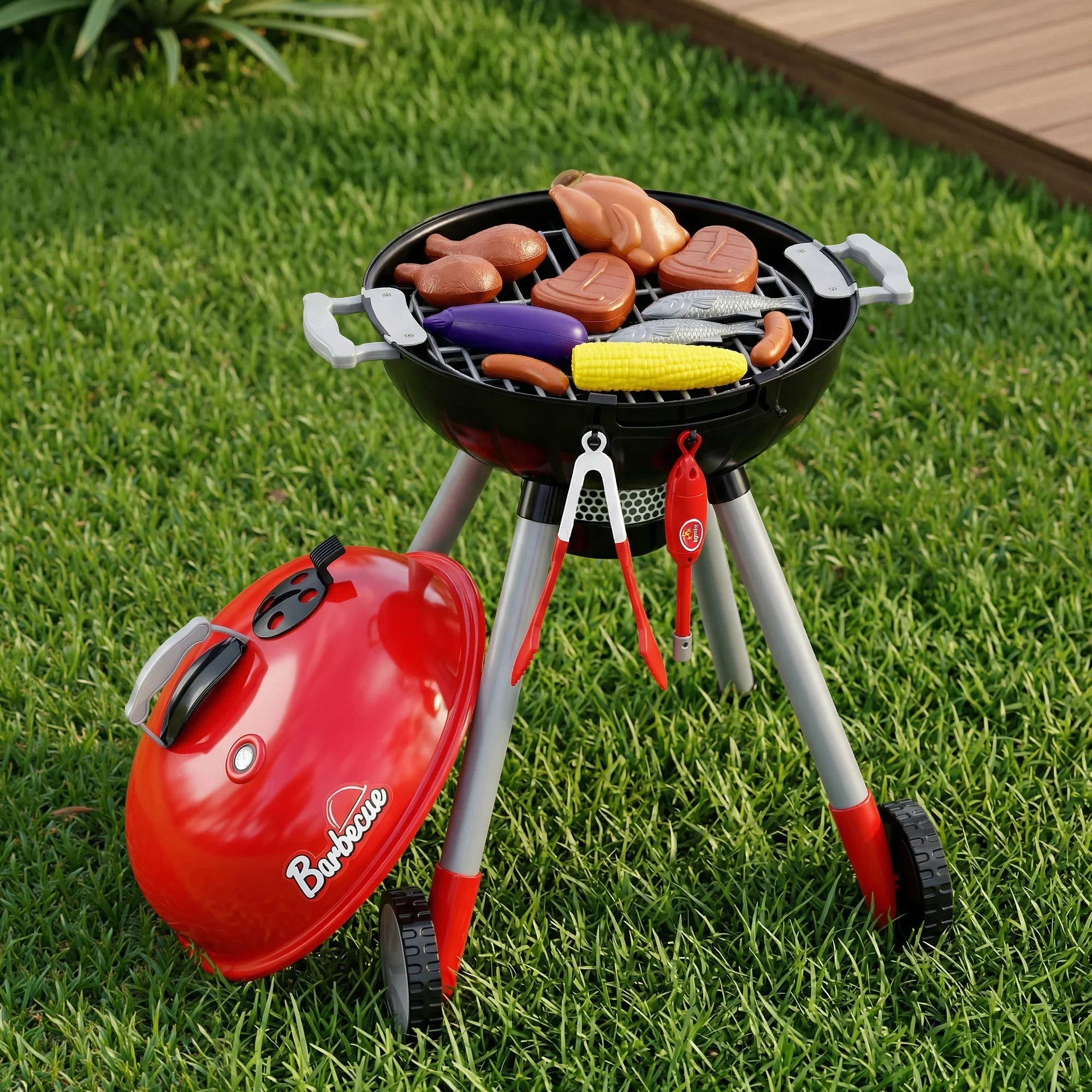 Kids Pretend Kitchen BBQ Playset Role Play Toy with charcoal Play Food Cup