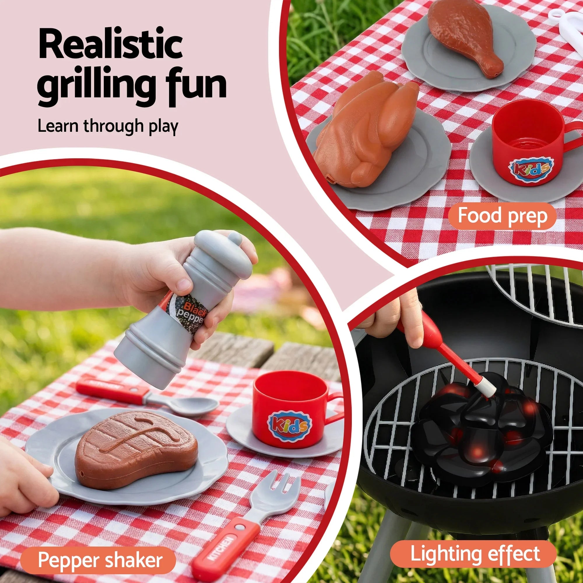 Kids Pretend Kitchen BBQ Playset Role Play Toy with charcoal Play Food Cup